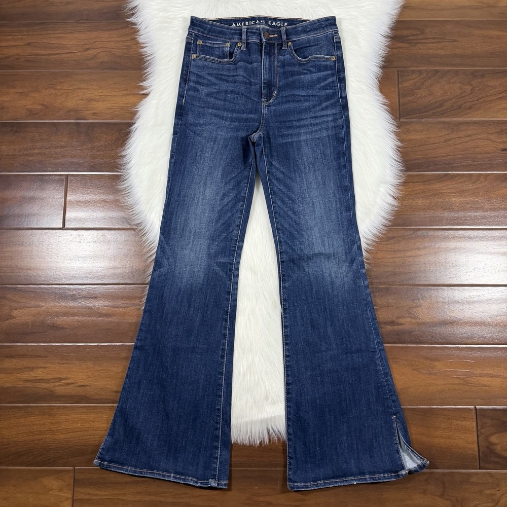 American Eagle Women's Size 6 R Super High Rise Flare Denim Jeans Hem Slits